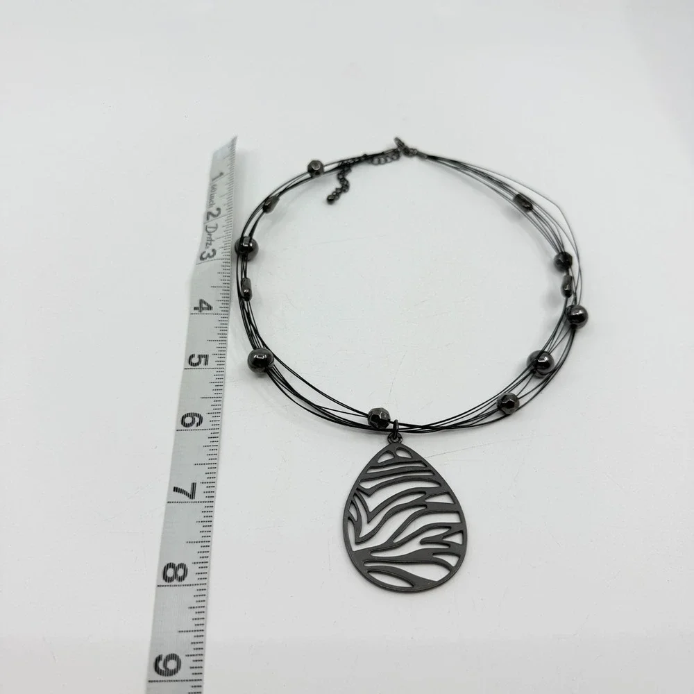 Gunmetal Zebra Teardrop Pendant Multi Strand Wire Necklace Statement Jewelry